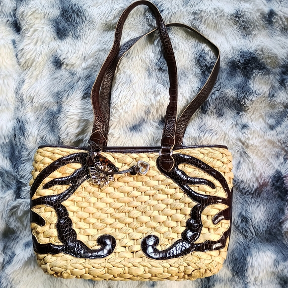 Brighton Handbags - Beautiful Brighton straw and leather butterfly shoulder tote bag, 9x14, designer